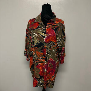 Vintage Women's Basic Editions Button Down Shirt 1X Red Green Floral 100% Rayon